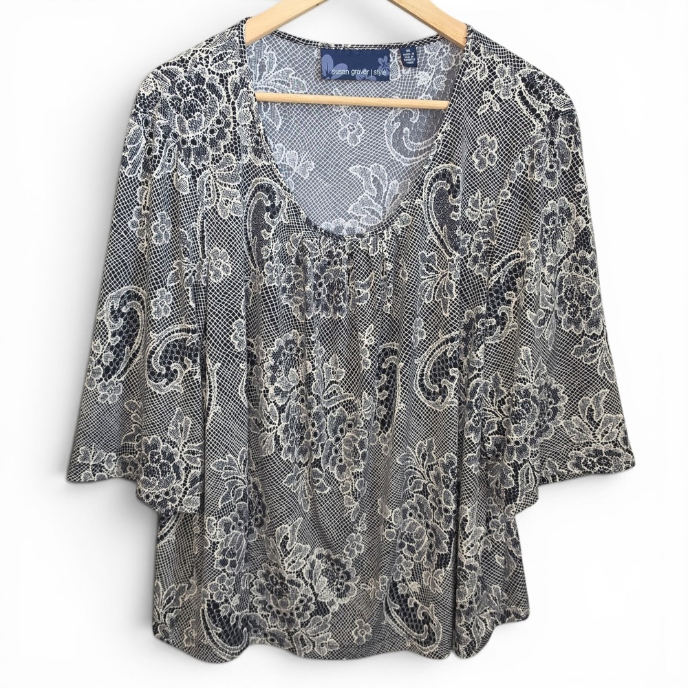 Susan Graver Top Womens Plus 2X Black Paisleyโ Scoop Neck Liquid Knit Blouse